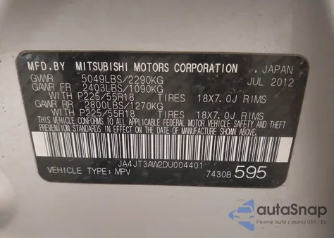 2013 Mitsubishi Outlander Se z USA, uszkodzony, nr VIN JA4JT3AW2DU004401